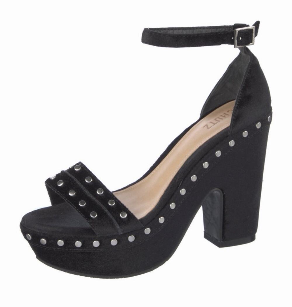Schutz Velvet Silver Studded Ankle Strap Platform Heels Black Size 10.5